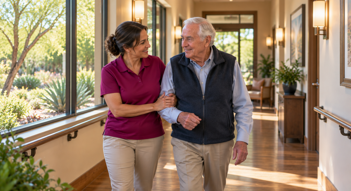5-most-frequent-injuries-in-seniors-scottsdale Attentive caregiver wearing a deep fuchsia uniform helping an elderly resident walk safely in a sunlit Scottsdale residential home, addressing the 5 most frequent injuries in seniors.