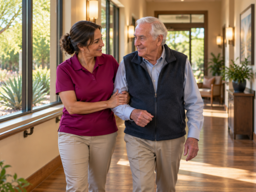 Attentive caregiver wearing a deep fuchsia uniform helping an elderly resident walk safely in a sunlit Scottsdale residential home, addressing the 5 most frequent injuries in seniors.