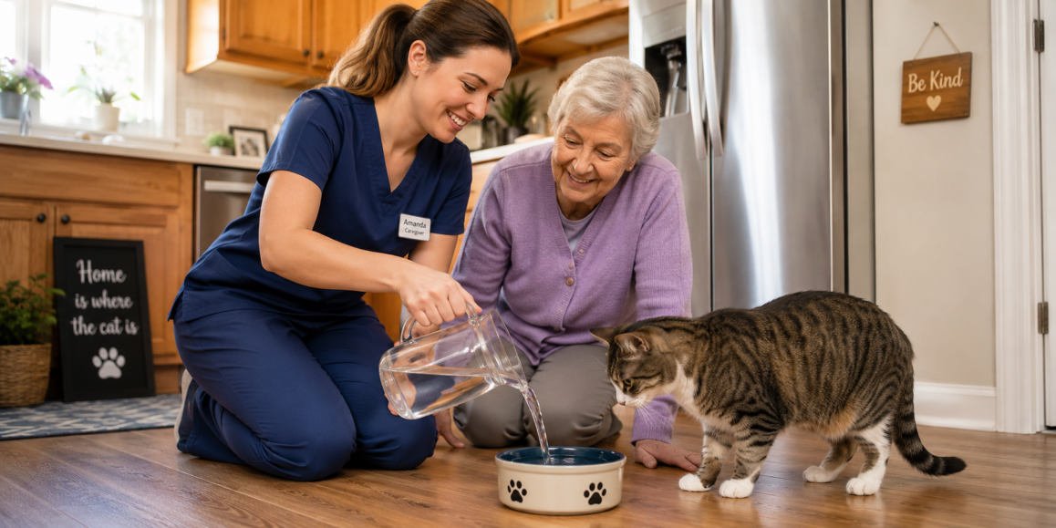 A friendly female caregiver smiling as she helps an older resident fill a water bowl for a cat on a kitchen floor. Compassionate staff members providing collaborative pet care support for residents inside a Scottsdale senior care home.