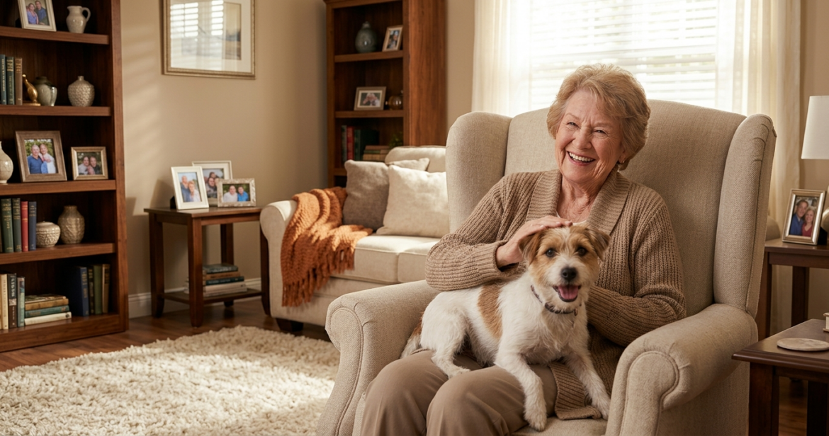 An elderly woman sitting in a sunlit living room armchair smiling and petting a small terrier dog on her lap. Active senior enjoying pet friendly assisted living accommodations in Scottsdale at Torbrook Assisted Living.