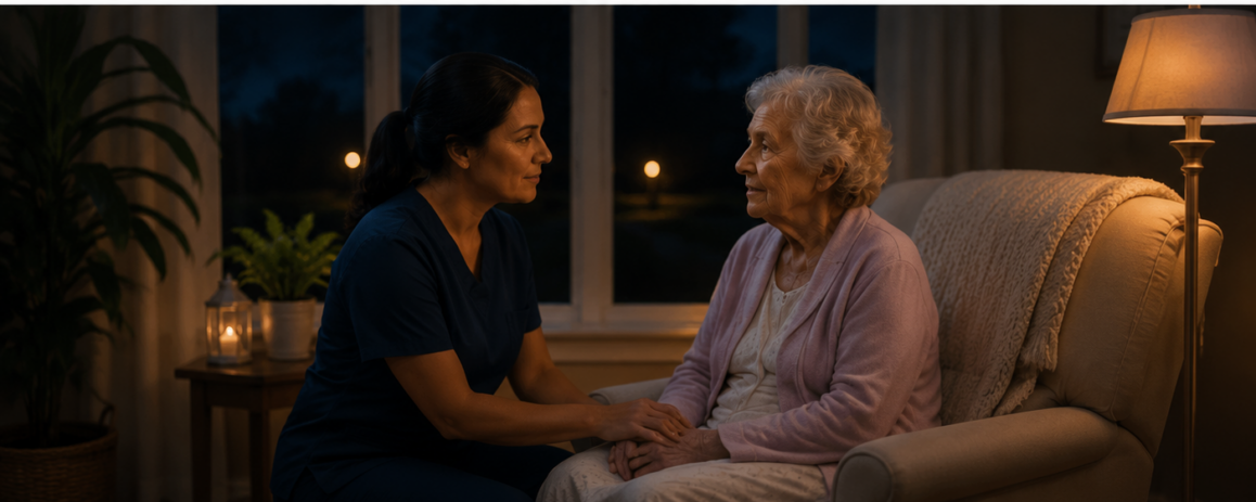 Elderly woman receiving compassionate nighttime care from a caregiver in a warm home setting, highlighting awake-at-night senior care and support for safe independent living.