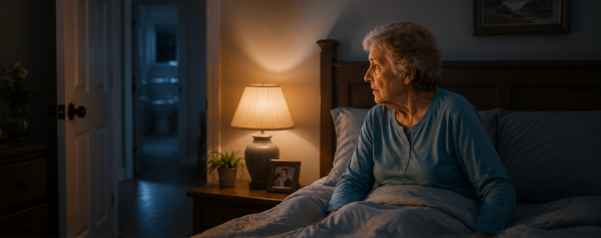 Elderly woman receiving compassionate nighttime care from a caregiver in a warm home setting, highlighting awake-at-night senior care and support for safe independent living.