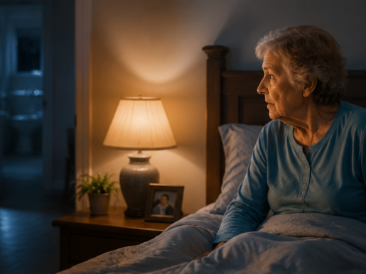 Elderly woman receiving compassionate nighttime care from a caregiver in a warm home setting, highlighting awake-at-night senior care and support for safe independent living.