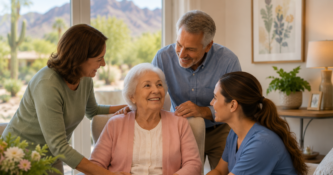 Senior woman receiving support from caregivers in a cozy, sunlit living room, illustrating memory care transitions in a comforting and uplifting environment.