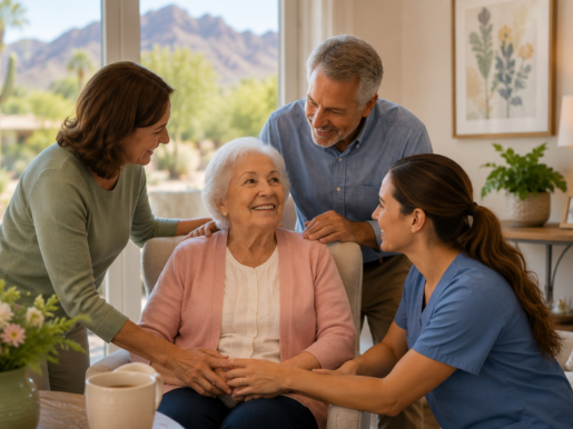 Senior woman receiving support from caregivers in a cozy, sunlit living room, illustrating memory care transitions in a comforting and uplifting environment.