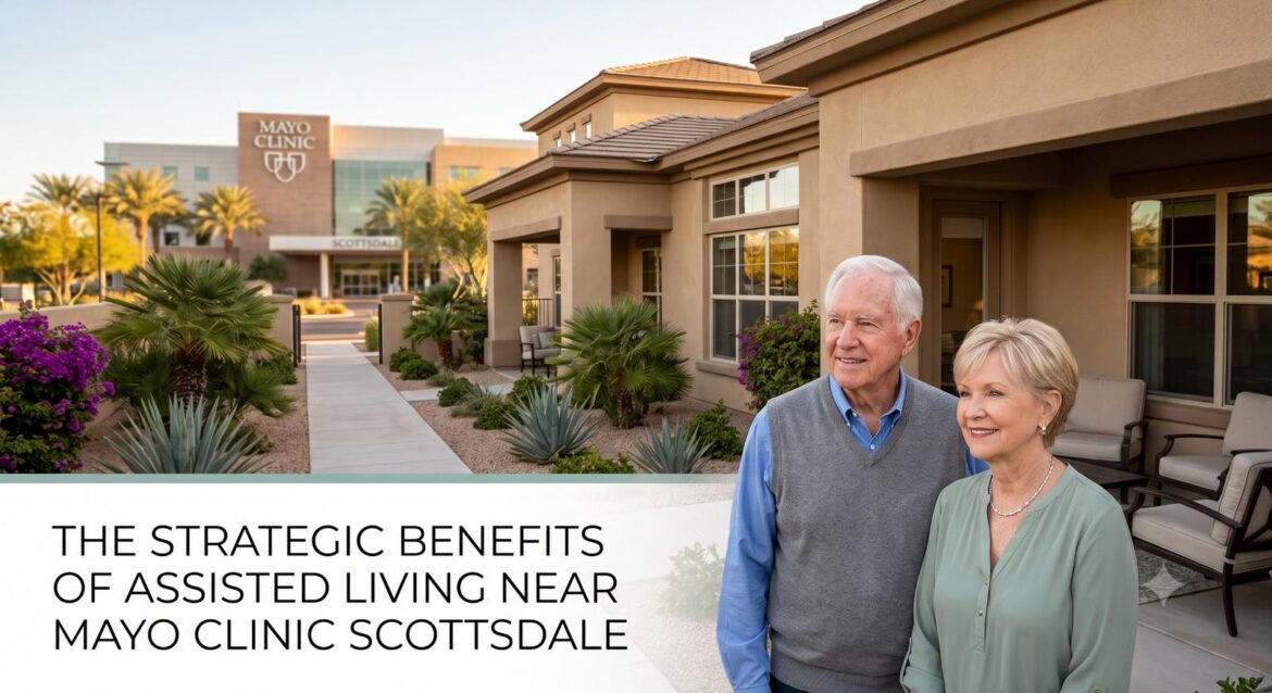 assisted-living-near-mayo-clinic-scottsdale-compressed Senior couple standing outside a luxury boutique assisted living home near Mayo Clinic Scottsdale AZ.