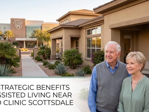 Senior couple standing outside a luxury boutique assisted living home near Mayo Clinic Scottsdale AZ.