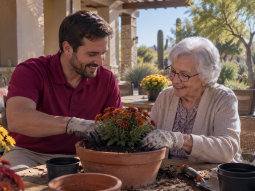 Compassionate caregiver wearing a deep fuchsia shirt assisting an elderly resident while potting autumn flowers in a sunlit Scottsdale courtyard, showcasing autumn senior wellness activities in scottsdale.