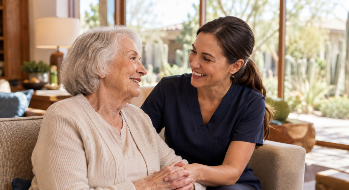 caregiver-continuity-memory-care-scottsdale Caregiver sharing a happy moment with a senior woman in a Scottsdale memory care home.