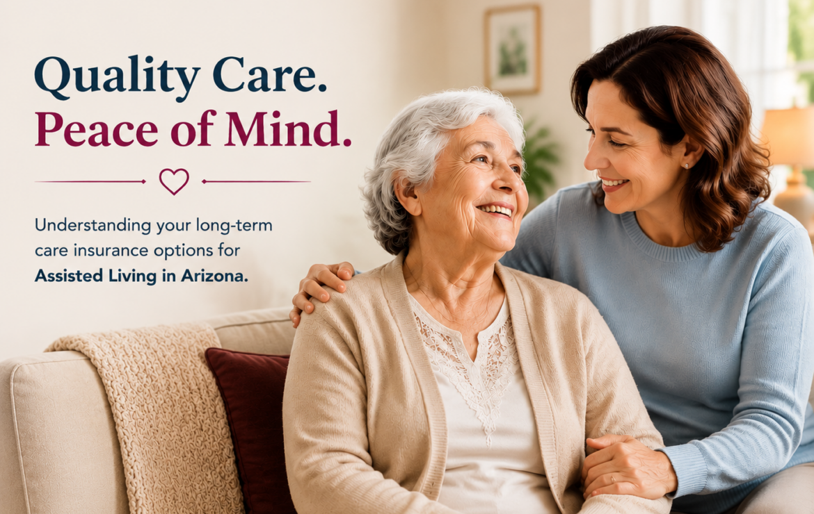 Senior couple meeting with a care advisor to discuss long-term care insurance and assisted living options in Arizona, representing financial planning, senior care decisions, and support for choosing a comfortable assisted living community.