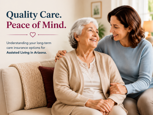 Senior couple meeting with a care advisor to discuss long-term care insurance and assisted living options in Arizona, representing financial planning, senior care decisions, and support for choosing a comfortable assisted living community.