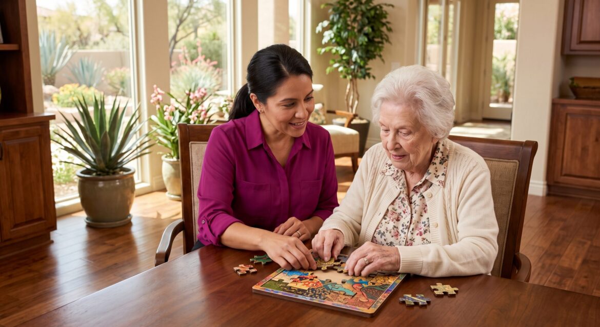 maintaining-cognitive-abilities-in-seniors-scottsdale Encouraging caregiver assisting a senior woman with an engaging memory game in a sunlit Scottsdale living space, illustrating maintaining cognitive abilities in seniors scottsdale.