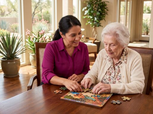Encouraging caregiver assisting a senior woman with an engaging memory game in a sunlit Scottsdale living space, illustrating maintaining cognitive abilities in seniors scottsdale.