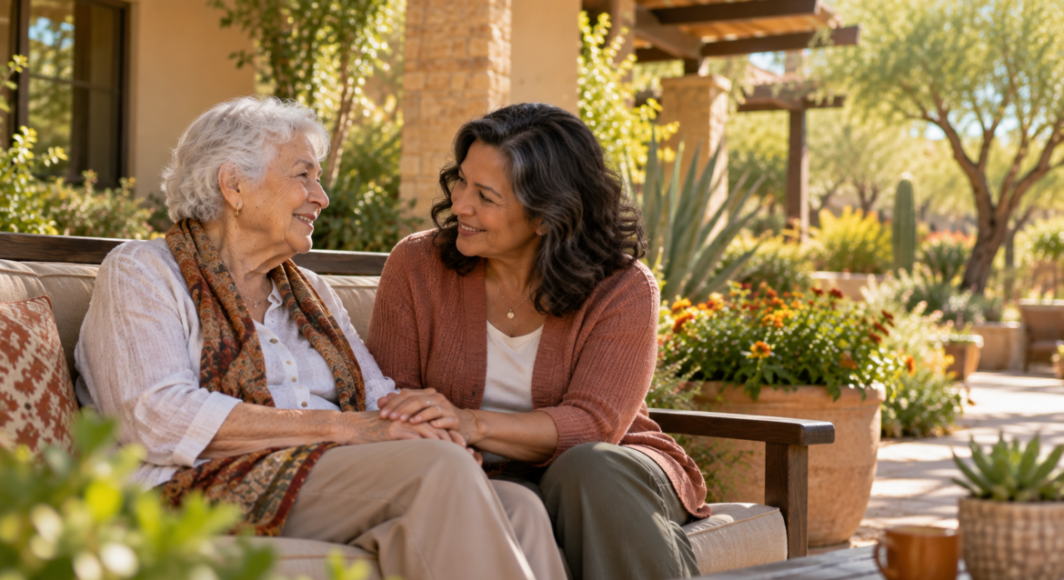 managing-anxiety-in-senior-adults-scottsdale Compassionate caregiver sitting calmly beside a senior woman in a peaceful sunlit garden, illustrating managing anxiety in senior adults.