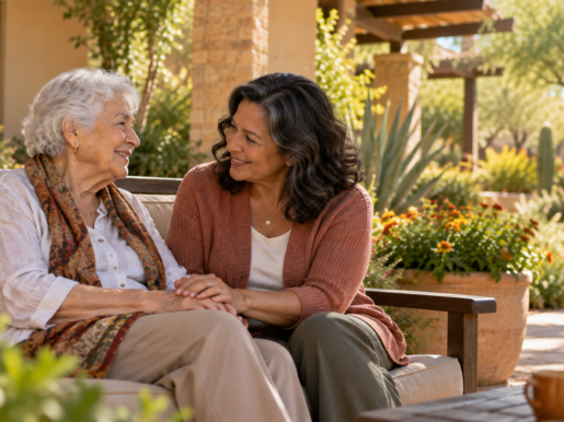 Compassionate caregiver sitting calmly beside a senior woman in a peaceful sunlit garden, illustrating managing anxiety in senior adults.