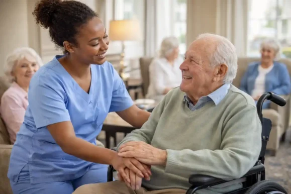 Compassionate caregiver assisting an elderly resident in a warm, welcoming assisted living community, providing personal care and companionship.