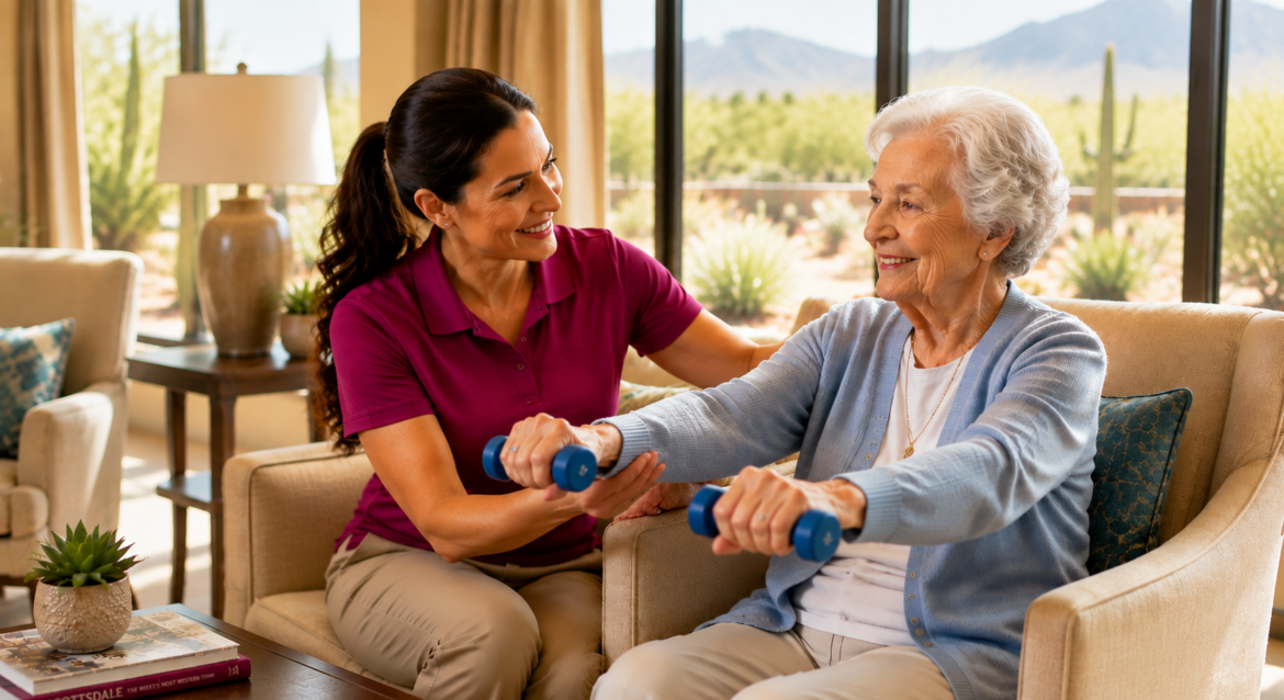 specific-care-need-of-seniors-scottsdale Caregiver providing personalized support to a senior woman in a sunlit room in Scottsdale, addressing senior care needs.