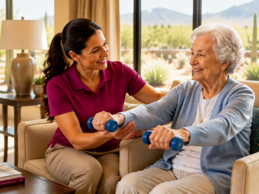 Caregiver providing personalized support to a senior woman in a sunlit room in Scottsdale, addressing senior care needs.